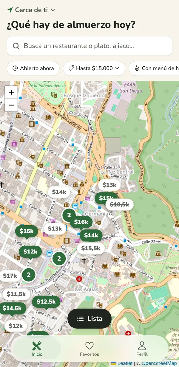 Mapa de la app con los precios de cada restaurante como pines: $14k, $16k, $12k